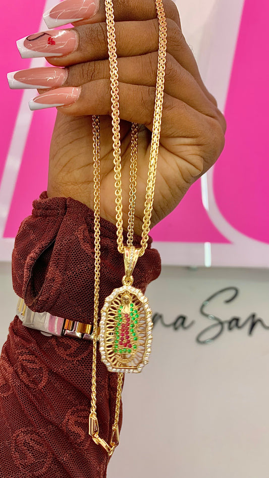 Tejido chino con dije virgen Guadalupe figura geométrica