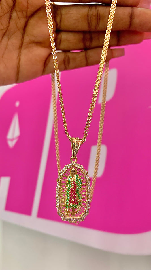 Tejido chino con dije virgen Guadalupe figura geométrica